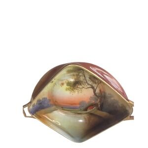 Antique Nippon Japanese Porcelain 2-Handled 6.7" Dish w/ Hand Painted Lake Scene